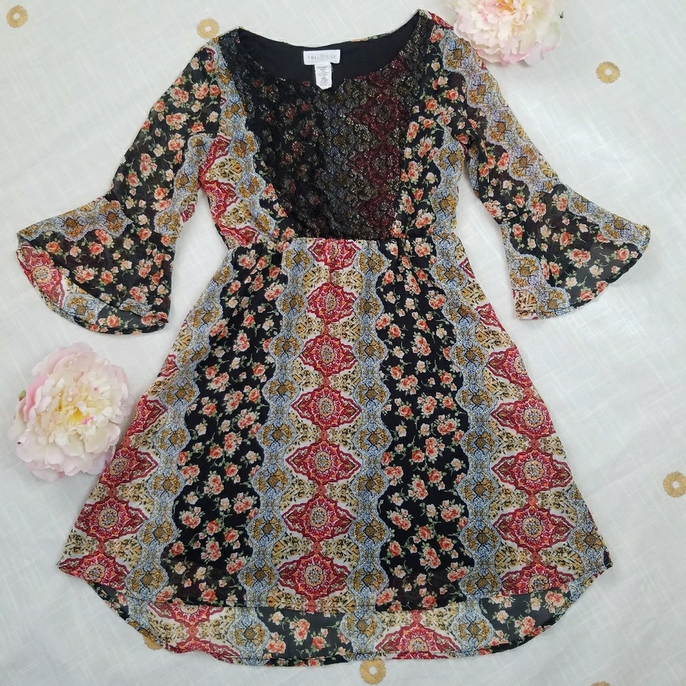 Full Tilt Paisley & Floral Print Bell Sleeve Dress
